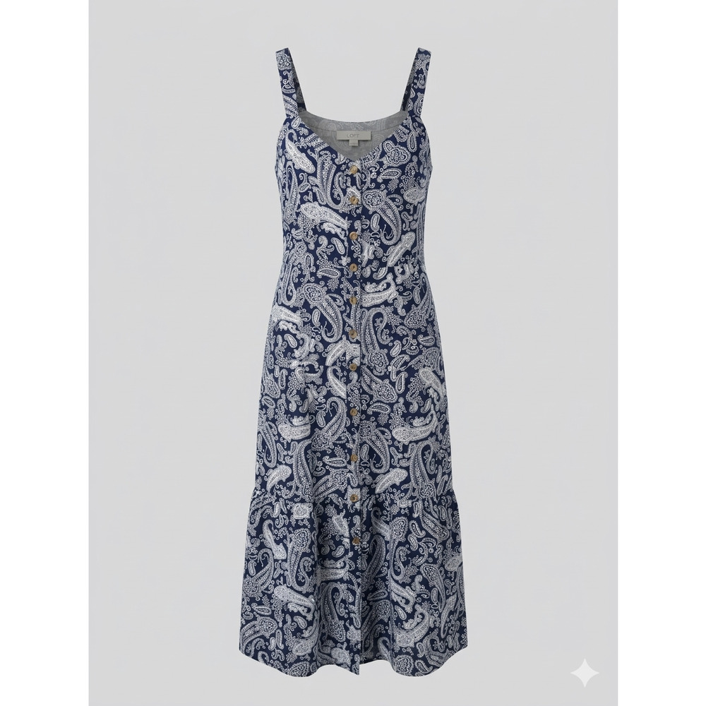 LOFT Paisley Linen Blend‎ Button Front Tiered Midi Dress Navy White Size 10